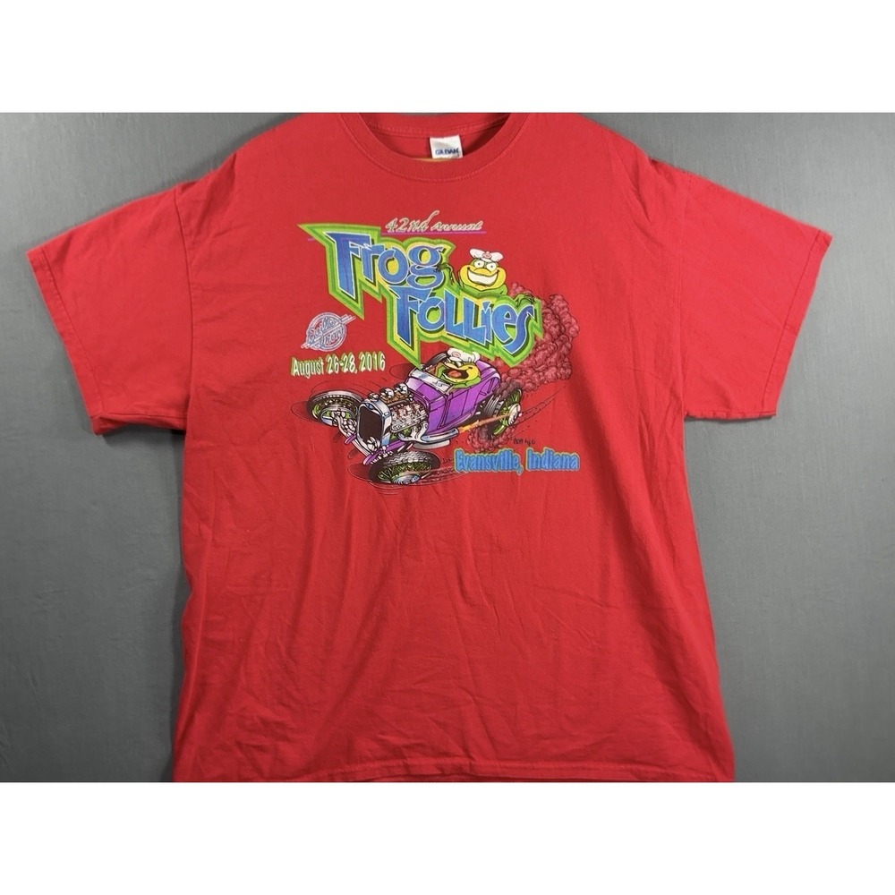 Frog Follies Shirt Mens XL Red 2016 Evansville IN Car Show Gildan Tee Hot Rod